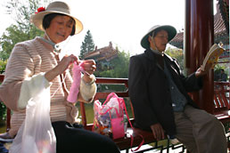 Couple knitting and singing in garden pavilion